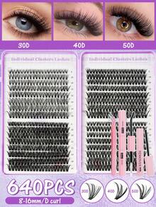640pcs Lash Clusters DIY Eyelashes Extensions Kit, D Curling Eyelashes Extension Kit, Black Ndividual Lash Clusters Kit 8-16mm D30+D40+D50 Black D-CurlingEyelashes Cluster Extension Kit, Large-Capacity Cluster False Eyelashes - Black - View 14