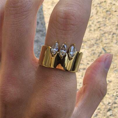 VKHK 1 pieza Anillo decorado con circonita brillante chapado en oro de 18K de acero inoxidable vintage, adecuado para uso diario y bodas de mujeres, regalo