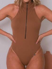 Women's Sleeveless Fashion Bodysuit With Zipper, Fitted Style, Simple And Versatile Design - màu nâu - Xem 2
