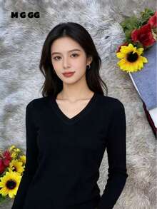 WOMEN'S LONG SLEEVE KNITTING BLOUSE WINTER BASIC ROUND NECK SWEATSHIRT - màu đen - Xem 3
