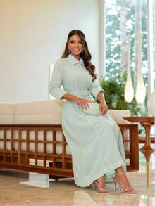 Luxury Ribbed Dress, Casual And Elegant Fabric, With Belt, Button, Pocket, Modest Fashion, Formal And Evening Wedding, Summer - Verde - Ver 3