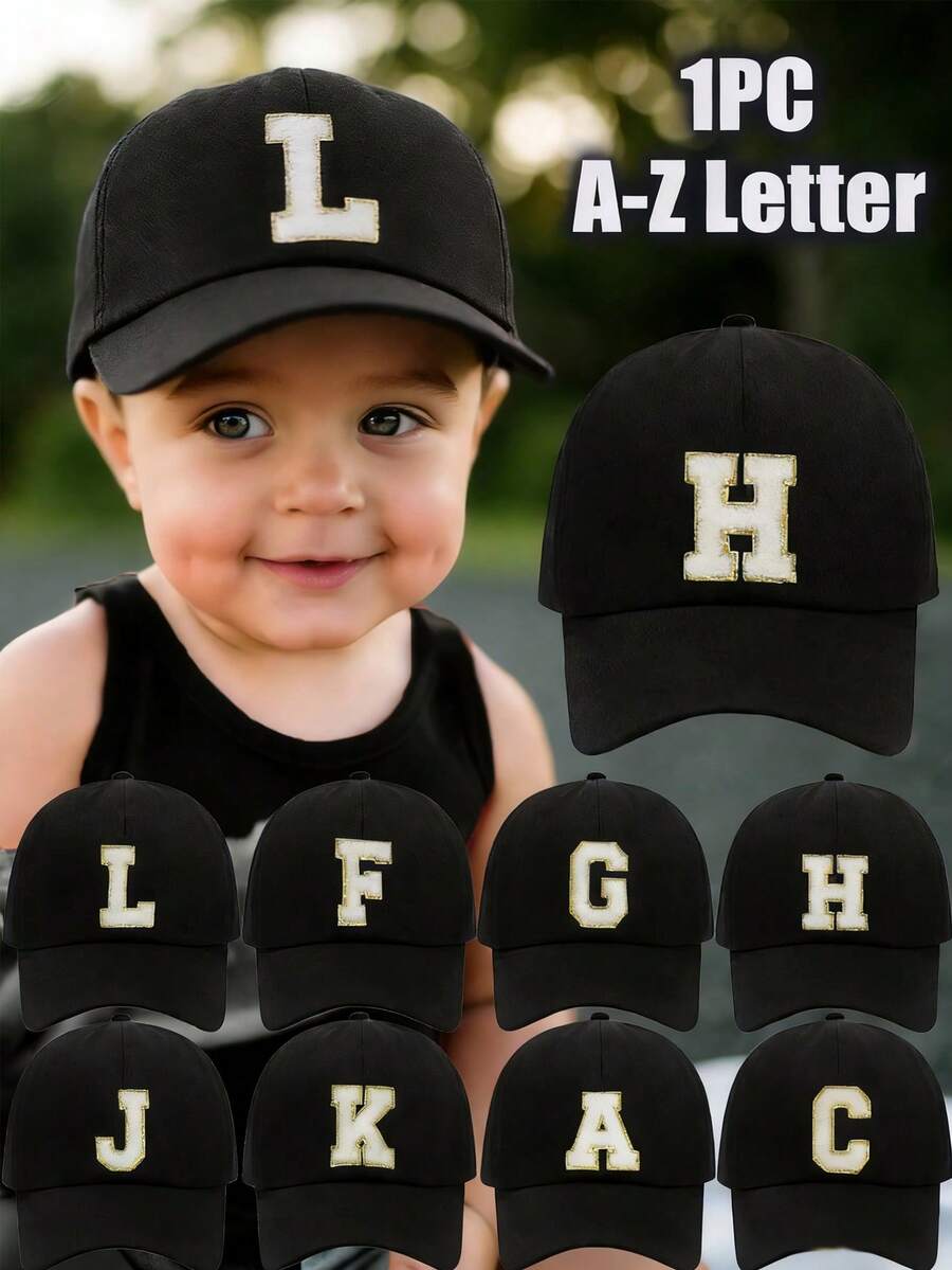 1 chiếc mũ lưỡi trai đen in 26 chữ cái từ A đến Z, mũ chống nắng cổ điển cho trẻ em với khóa cài nhanh, mũ đội hàng ngày thoải mái cho trẻ em vào mùa xuân hè. - màu đen - Xem 1