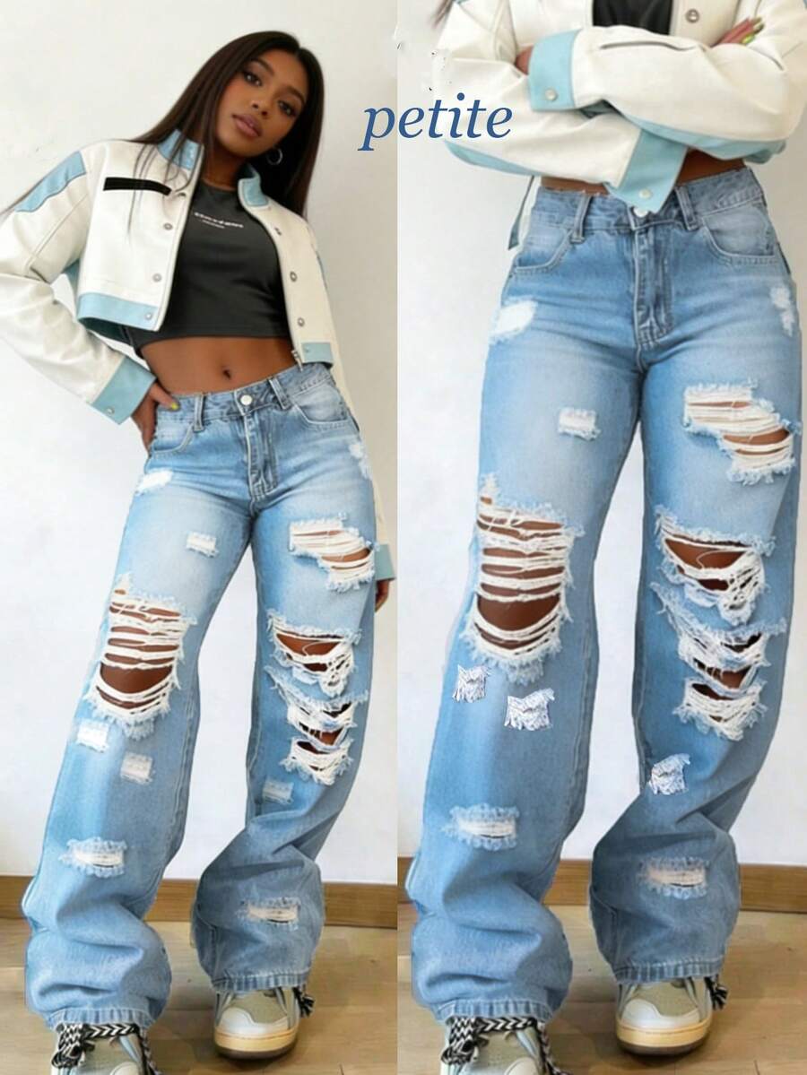 PETITE 女款高腰破洞阔腿牛仔裤，水洗宽松版型，带口袋和拉链，纯色休闲街头风，适合春夏日常及度假穿着，做旧工艺细节，≥70% 棉 - 藍 - 查看 1