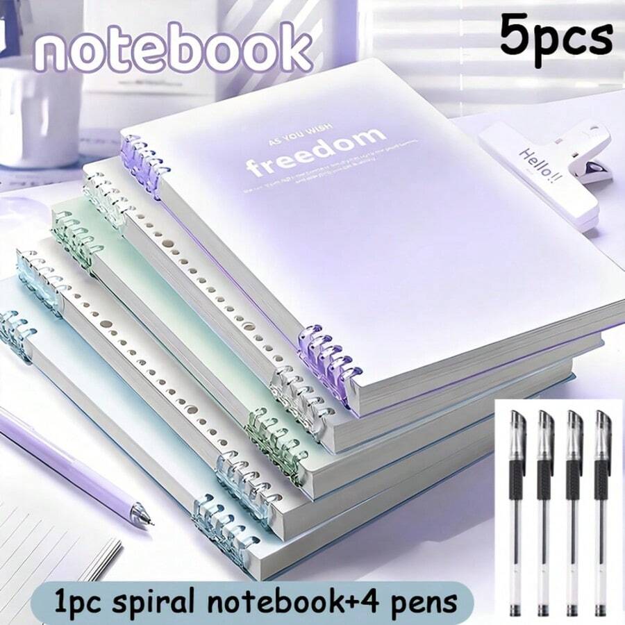 Bộ 5 món, gồm 1 sổ tay lò xo + 4 bút - Sổ tay rời nhiều màu sắc, khổ A5/B5, 60 trang, gáy lò xo có thể tháo rời, thích hợp cho trường học, văn phòng, làm nhật ký hoặc quà tặng ngày lễ. - 1 Set - Xem 1