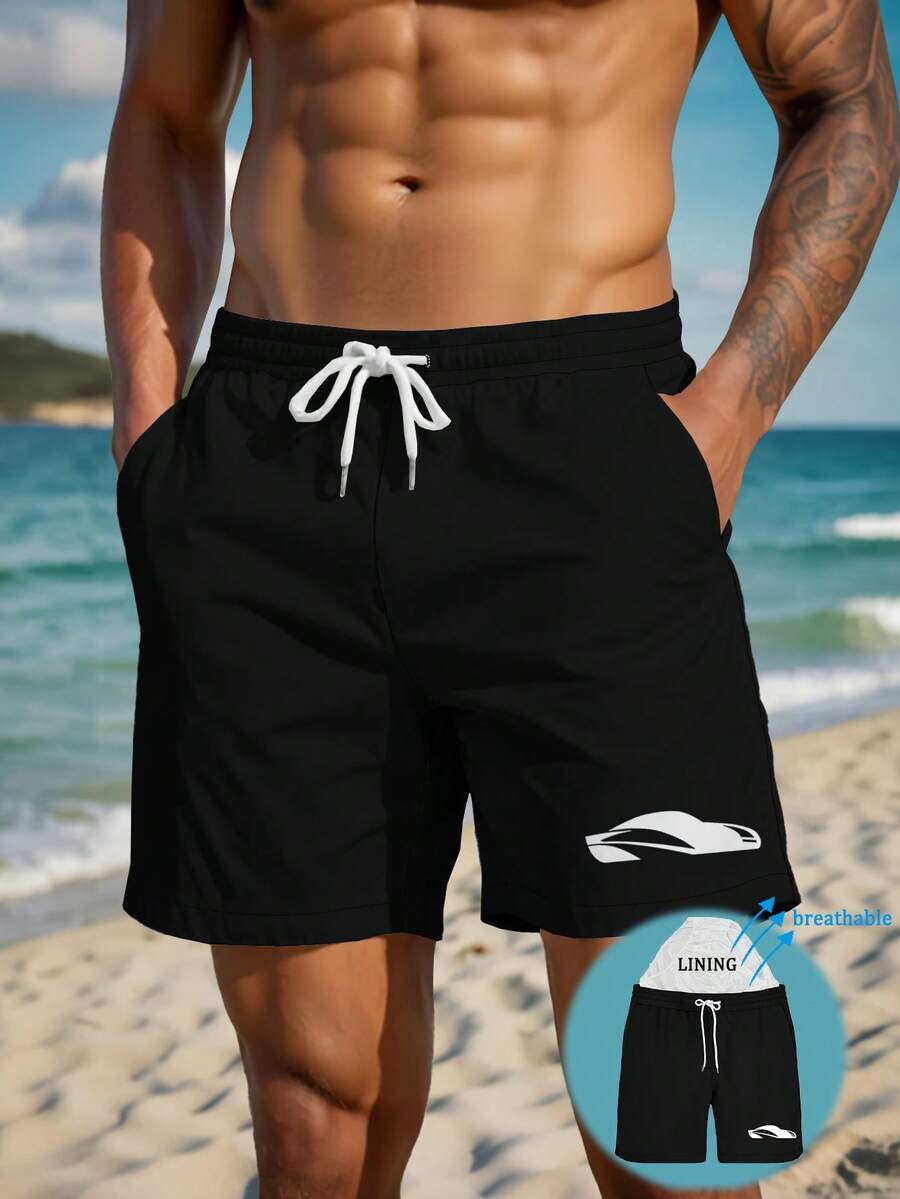 Quần short nam mùa hè màu đen, cạp chun, túi chéo, kiểu Hawaii, nhanh khô, hai lớp lót lưới, in 3D, thời trang, phong cách thường ngày, quần bơi đi biển. - màu đen - Xem 1