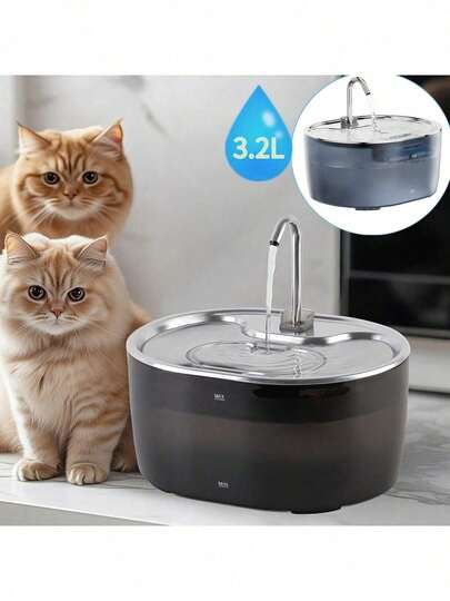 108oz/3.2L Automatic Cat Water Fountain, Stainless Steel Circulating Flowing Water Cat Drinking Bowl, Dog Water Bowl, Pet Water Dispenser, Suitable For Medium & Small Cats And Dogs, USB Powered, Adapter Not Included