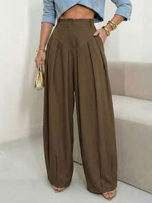 女士休闲高腰拉链前开衩裤，适合秋冬季通勤 - 深咖 - 查看 7