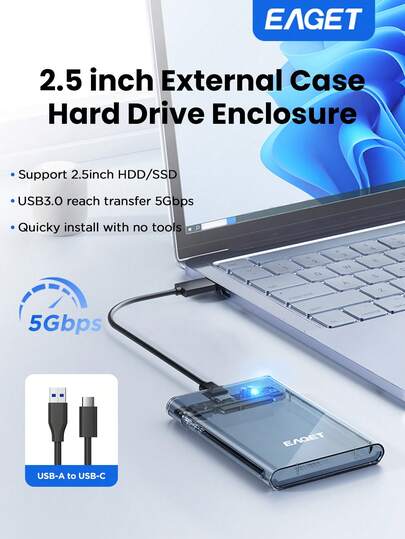 EAGET 2.5英寸外置硬盘盒 USB 3.0 转 SATA III 适配器 即插即用 适用于高达 6TB 的 HDD 和 SSD 便携式金属外壳 通用兼容性 支持 UASP（不含硬盘）