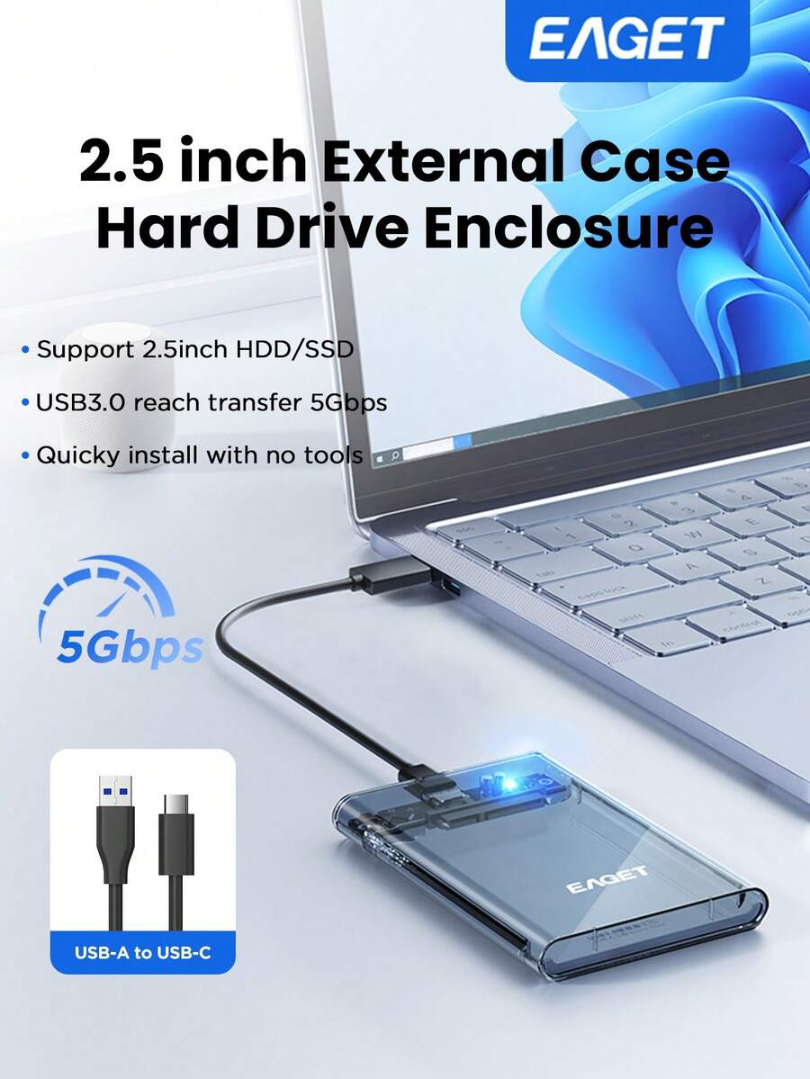 EAGET 2,5-Zoll externe Festplattenhülle USB 3.0 zu SATA III Adapter Plug and Play für HDD SSD bis zu 6TB tragbares Metallgehäuse universelle Kompatibilität UASP unterstützt (Laufwerk nicht enthalten)