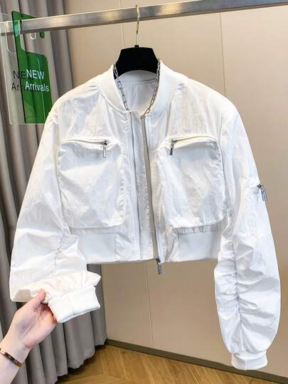 Women's Casual Jacket For Spring/Summer, Romantic Sexy Cinched Waist Short White Top, Big Pockets, Baseball Collar, Lined Design, Fashionable Lightweight Outdoor, Vacation, Versatile Daily Wear
