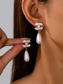 1Pair Vintage Faux Pearl Dangle Drop Earrings For Women, Elegant Daily Wear Jewelry, Party Gift - 金色 - 查看 5