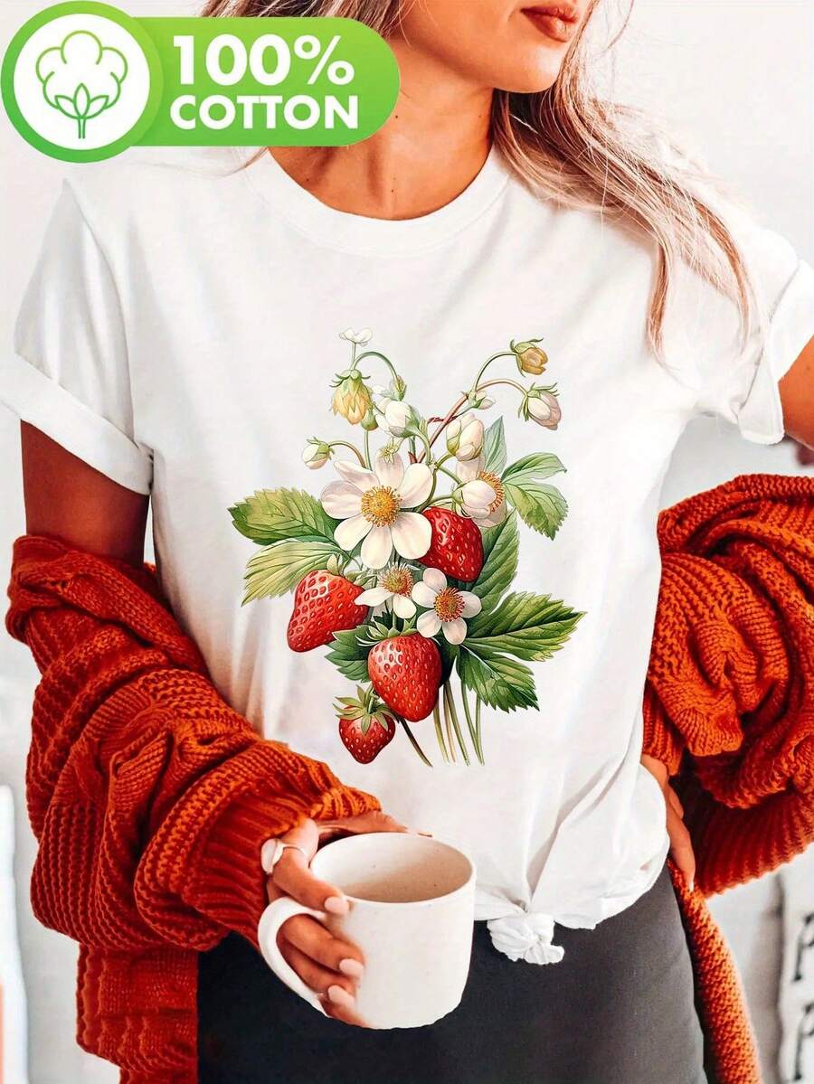 Summer Flower Strawberries Print t-shirt, short sleeve crew neck casual top for summer &amp; spring, Women's clothing - Biały - Zobacz 1