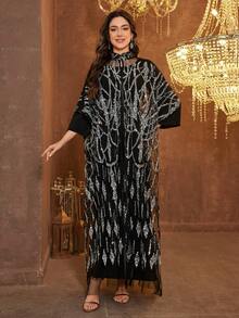 SUPGIR [Random Print] Women's Long Sleeve Sequin Patchwork Waist Tie Evening Dress - Black - View 7