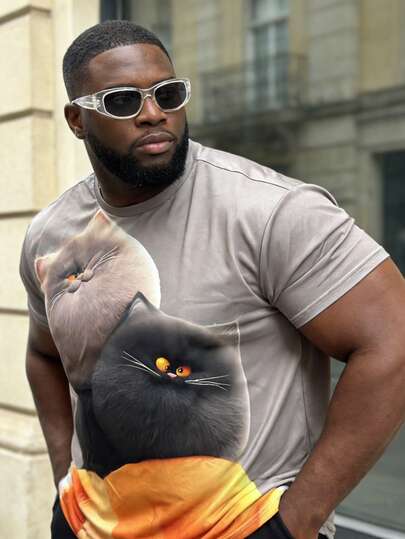 大码男士治愈系可爱宠物叠叠乐印花T恤，圆领三色猫咪叠叠乐印花夏季大码男士短袖上衣，男士休闲个性化圆领T恤，适合日常穿着、撸猫、聚会、通勤，吸睛百搭