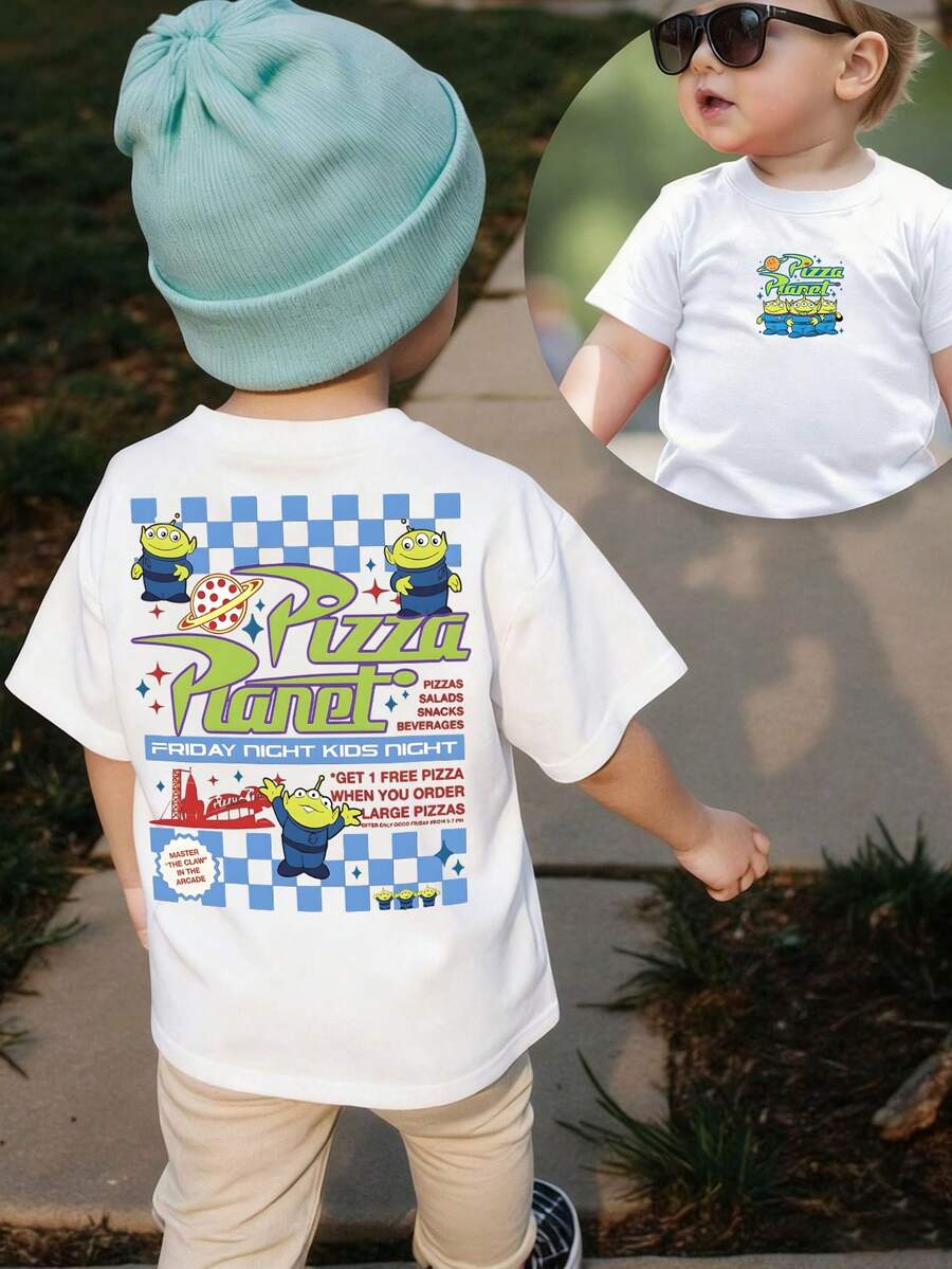 Disney-Full Of Childlike Charm! Toy Story 3's Eevee Pizza Planet Parent-Child T-Shirt, Unisex Baby Pure Cotton Loose Short Sleeve Retro Checkered Cartoon Top - Blanc - Voir 1