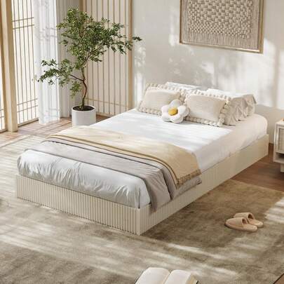 Base de cama minimalista de madera acanalada - Base de perfil bajo, silenciosa, fácil de montar, no necesita somier - Tamaño individual, color blanco crema
