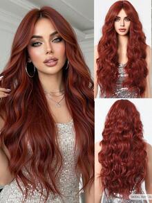FIVE STARS 26Inch Synthetic Deep Wave, Auburn Red Middle Part Layered Cut, Voluminous Long Style, Fashion Accessory For Cosplay, Party, Halloween & Christmas - Redwood - View 12