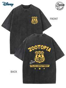 Two Side Disney Zootopia Policel Department Badge T-Shirt, Disney Zootropolis T-Shirt, Men Clothes, Summer Retro Washed Double-Sided Printed T-Shirt (230g Pure Cotton T-Shirt) Men's Casual Sports T-Shirt, Disneyland Family Matching Trip, Disney Birthday Gift,Streetwear, Party, Daily Wear, Men's And Women's T-Shirts, Perfect Gifts - 黑色 - 查看 3