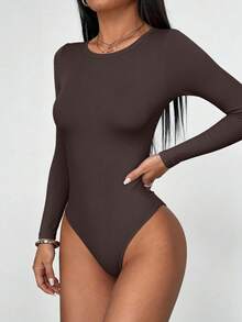 Women Spring Bodysuits For Long Sleeve Shirts Fitted Basic Ribbed Layering Bodys Tops Fall Fashion Winter Clothes Dark Brown Vacation Rompers Outfits For Women - Dark Brown - View 4