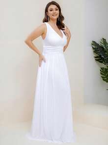 Romantic V-Neck High Waist Sleeveless Dress, Suitable For Bridal Shower, Wedding, Summer Bride Dress - White - View 3