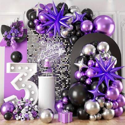 Balloon Wreath Arched Set - Black Purple Silvery - With Explosion Star And Four Pointed Star Aluminum Film Balloon - Used For Birthday Party Decoration, Anniversary Decoration, Singles Party Decoration, Carnival Decoration, Home Decoration