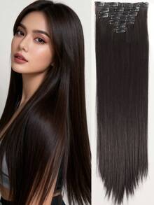 7片/套 18-32英寸夹式合成假发片，浓密自然黑色发片 - 黑棕色 - 查看 3