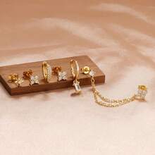 6件套铜镀金闪亮锆石百搭经典时尚耳环，女士款 - 梅花鋯石 - 查看 8