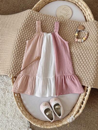 Vestido de algodón y lino informal de color block para vacaciones de niñas pequeñas, primavera/verano