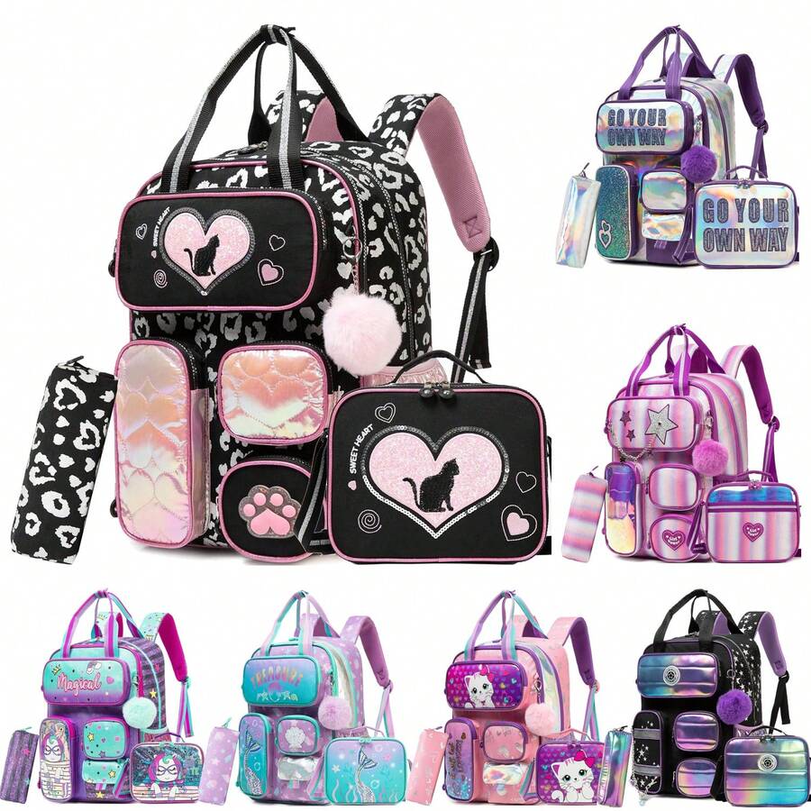 Juego de 3 mochilas bonitas para niñas, incluye lonchera y estuche, ligeras y duraderas, ideales para la vuelta al cole. - Conjunto de mochilas escolares para niñas - Ver 1