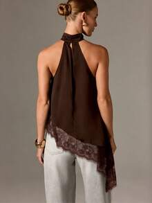 女士黑色吊带背心，不对称下摆，露背设计，撞色蕾丝饰边，常规长度夏季款 - 咖啡棕 - 查看 2