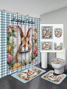 [Seasonal Limited] 1/4 Easter Theme Bathroom Set - Adorable Rabbit Print Shower Curtain + Non-Slip Mat + Toilet Cover Set - Create A Playful And Spring-Inspired Holiday Bathroom Space - A - View 12