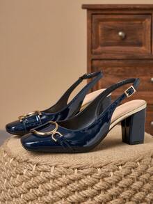 Sandali con tacco largo a punta quadrata blu navy, design con fibbia e senza tallone, snellenti, tacchi alti versatili per pendolarismo, appuntamenti, abbinati a pantaloni sigaretta, abiti vita stretta, adatti per appuntamenti o piccoli eventi - Blu reale - Visualizzare 2