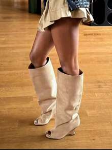 Women's Knee High Boots Peep Toe Slouchy Wedges High Heels PullOn Party Dress Fall Winter Suede Long Boots For Woman Party Shoes - 杏色A - 查看 1