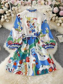 Bohemian Style Summer Casual Printed Shirt Cardigan Tie-Front Dress Elegant - Sky Blue - View 5