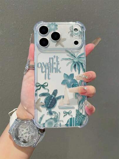 1 pieza Funda de teléfono minimalista con diseño de flor verde, hoja y tortuga, a prueba de agua, a prueba de huellas dactilares, resistente a los arañazos, transparente, a prueba de golpes, compatible con iPhone 17/17 Air/17 Pro/17 Pro Max/16/15/14/13/12/11