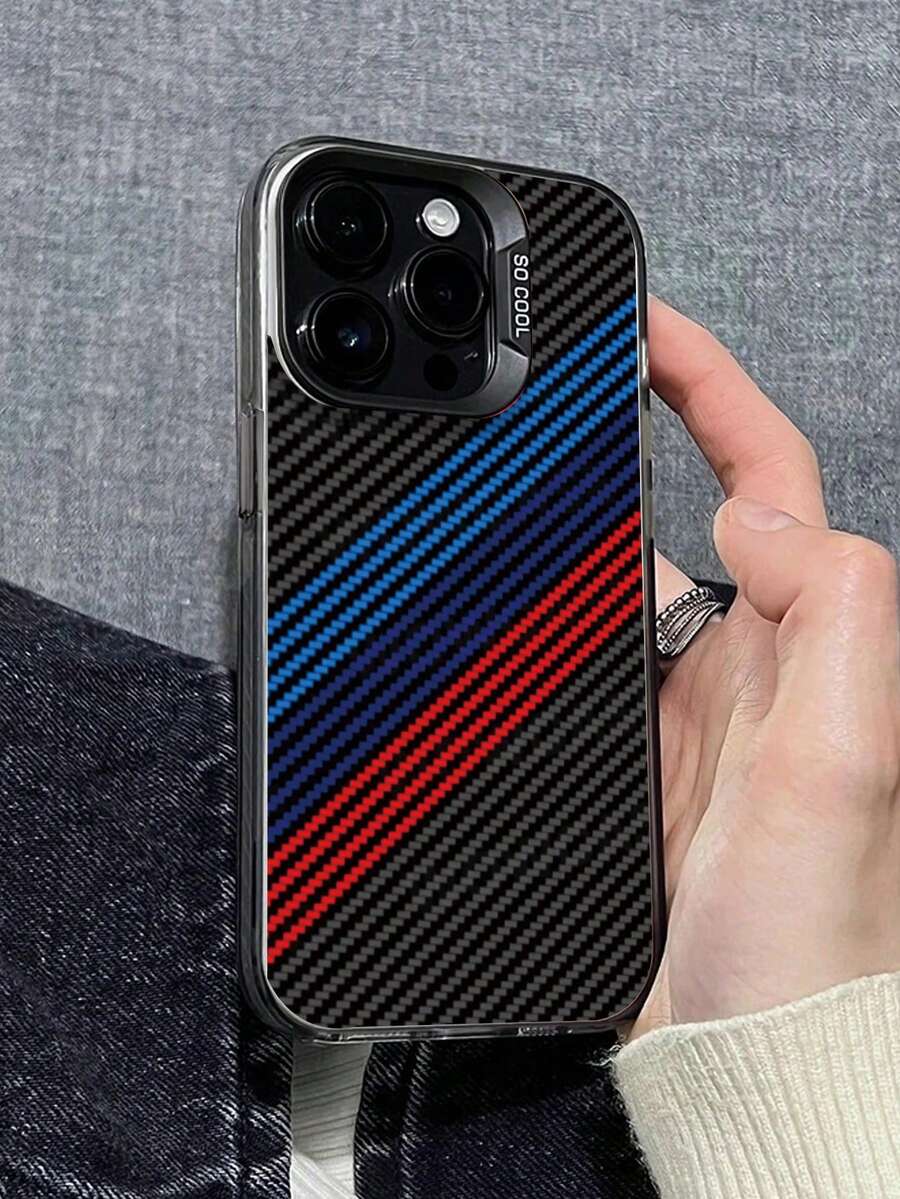 Nova Marca Criativa Série de Capas de Telefone a Laser IMD, Textura de Fibra de Carbono com Padrão de Listras Diagonais Vermelhas e Azuis, Clássica Capa de Telefone à Prova de Choque e Antiderrapante, Adequada para iPhone 17/17Air/17Pro/17ProMax, 16/16Plus/16ProMax, 15, 14, 13, 12, 11 Série - Preto - Visão 1