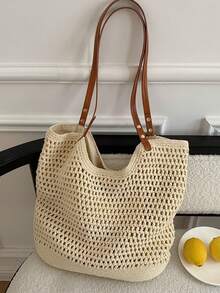 2026 New Arrival Women's Bag, Woven Beach Bag, Versatile Shoulder Bag For Beach Vacation Or Commuting School Tote Bag, School Bookbag, Portable, Foldable, Business Casual, Suitable For Teen Girls Women, Vacation Essentials, Perfect For Summer, Vacation & Beach, Newest Holiday Bag, Hottest Beach Bags ,Vacation Essentials - 杏色 - 查看 8