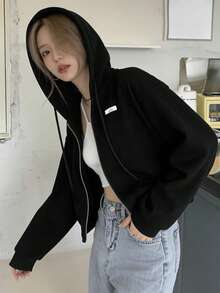 Women's Solid Color Letter Sweatshirt, Loose Fit Drawstring Casual Long Sleeve Sweatshirt, Spring/Autumn Black - Black - View 1