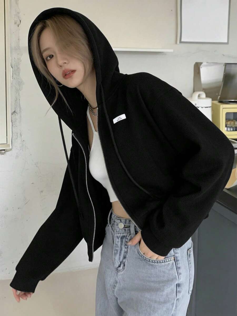 Women's Solid Color Letter Sweatshirt, Loose Fit Drawstring Casual Long Sleeve Sweatshirt, Spring/Autumn Black - Black - View 1