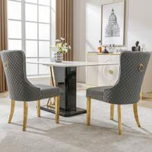 Dining Chair With A Unique Striking Unit At The Back, 2 Stations With Studded Head Trim, Gold Stainless Steel Support Legs, Velvet Fabric - Grey - View 3