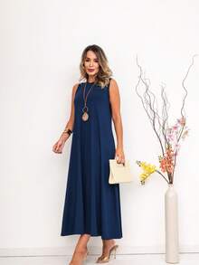 Long Dress In Viscose/Lycra Blend With Side Pockets. - Navy Blue - View 3