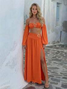 Vestido naranja elegante de hombros descubiertos para mujer, diseño de cintura hueca y abertura alta, adecuado para la playa, vacaciones y viajes en primavera y verano - Naranja - Ver 4