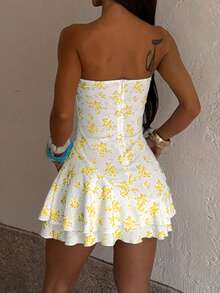 Onicee 夏季连衣裙，黄色性感印花无肩带 A 字型派对连衣裙，优雅连衣裙，适合情人节、约会、聚会、派对、旅行、度假、海滩和其他场合。 - 黃色 - 查看 4
