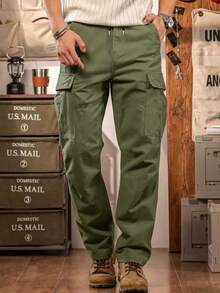 Men's Outdoor Multi-Pocket Cargo Pants, Solid Color Flat Front Casual Trousers, Suitable As A Gift For Boyfriend Or Husband Spring - 軍綠色 - 查看 5