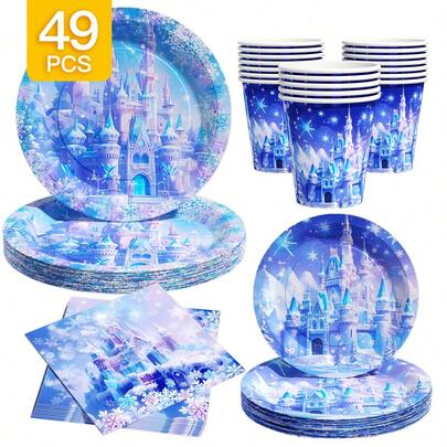 Ice Castle Disposable Plates, Napkins, Cups, One-Time Party Supplies Set, Suitable For 8 Guests, Disposable Paper Plates Party Tableware For Birthday, Wedding, Theme Party, Family Picnic