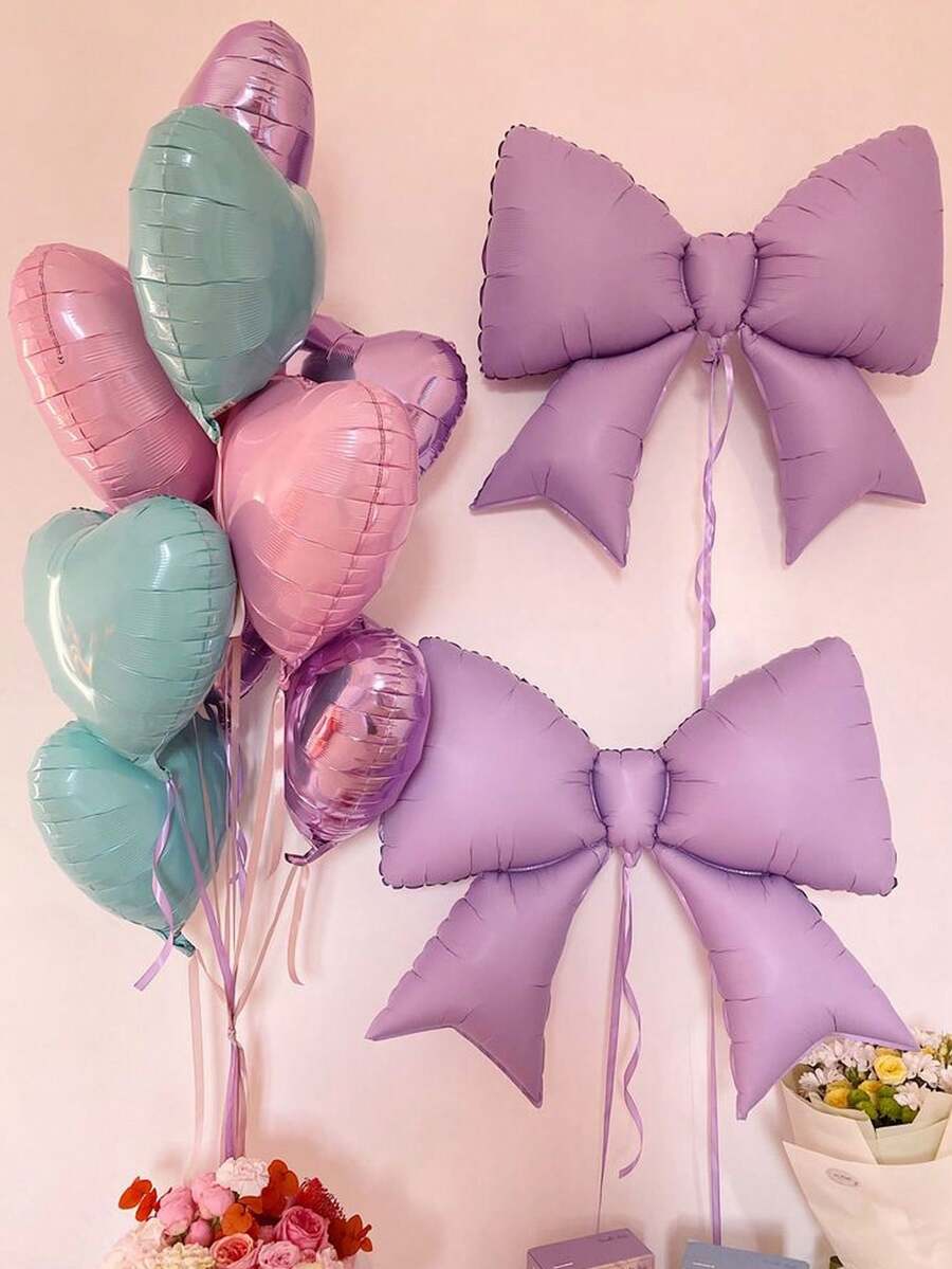 10pcs Large Bow Balloon Decoration Set, Purple Bow Foil Balloons 18 Inch Heart Balloons Suitable For Birthday Party, Anniversary, Event, Bridal Shower Decor - Multicolor - View 1
