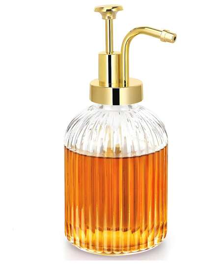 1pc 10oz Glass Dispenser Bottle Set, Ribbed Glass Bottle Design With Gold Pump And Liquid Dispenser