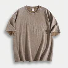 American Retro Style, 230g Heavyweight Washed Distressed Short-Sleeved T-Shirt For Men. High-Weight Pure Cotton, Thick And Opaque, With A Snowflake Wash Process. Loose, Drop-Shoulder, Oversized Fit. Street Style, Versatile, Basic, Suitable For Everyday Wear, Commuting, And Casual Wear. - Mocha Brown - View 12