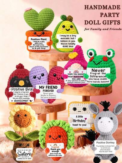 1件手工钩织桌面摆件，可爱动植物造型，手工毛绒玩偶，是送给闺蜜、女友、姐妹、妈妈、奶奶、同事、家人的完美生日礼物，也可作钥匙扣，传递正能量，适合派对、情人节、母亲节、感恩节等场合，也可作毛绒玩偶、房间装饰、小礼物或纪念品。