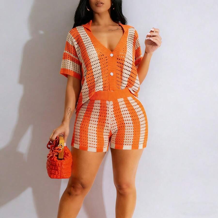 女士夏季度假休闲条纹镂空针织上衣和短裤套装 - 橘色 - 查看 1